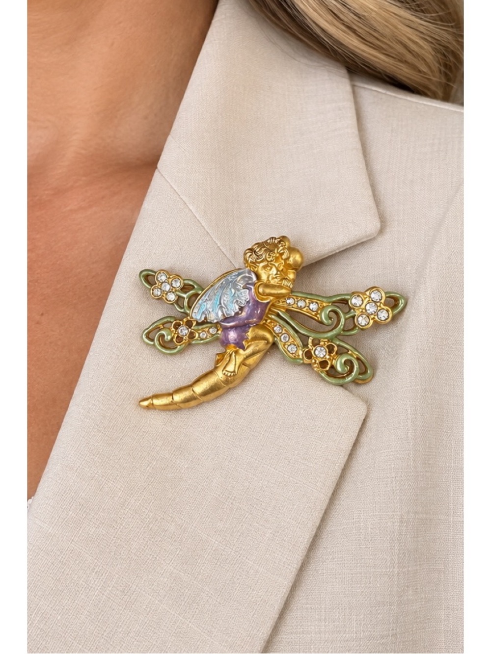 SIGNED KIRKS FOLLY AURORA BOREALIS WOODLAND FAIRY on DRAGONFLY BROOCH ~ 3.25”